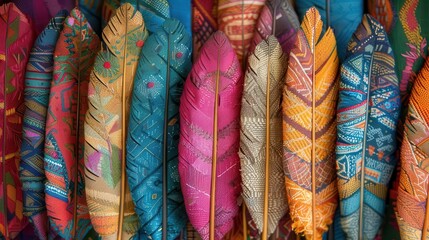 Handmade feathers adorned with spiritual symbols vibrant colors and intricate patterns woven into textiles