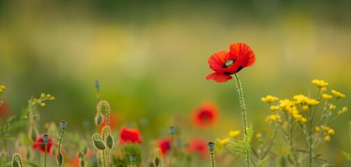soft focus with bokeh morning wildflower Red Poppy field, beautiful nature spring summer field background with copy space