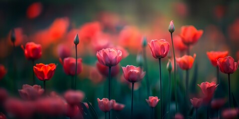 Fototapeta premium soft focus with bokeh morning wildflower red Tulip field, beautiful nature spring summer field background with copy space