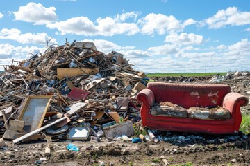 discarded furniture piled high at landfill site environmental impact of wasteful consumerism editorial photography