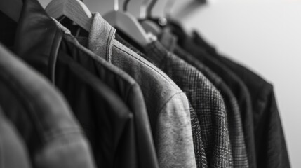 A row of clothes hanging on a rack with various garments and accessories