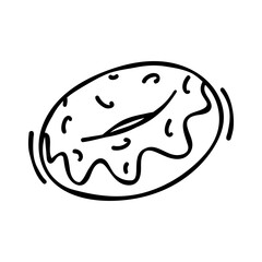 Donut doodle illustration. Hand drawn donut sketch. Fast food illustration in doodle style. Vector graphics of a glazed donut. Sweets