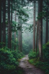 Fototapeta premium A dense forest with towering trees, a narrow path winding through the woods. Mist rising from behind the trees, creating an ethereal atmosphere. The green leaves of various 