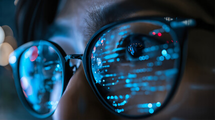 Reflections of Digital Code in Glasses, Financial Stock Data Analyst Technology and Cybersecurity Concept
