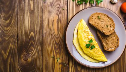 Tasty omelet in plate. Healthy food for breakfast. Vegetarian dish. Nutritious meal. Delicious food