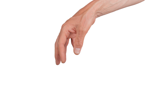 Hand gesture hanging fingers isolated arm dangling. Sign reaching skin side expression stretching. Person man blank space communication action background. Catch invisible, transparent cutout PNG
