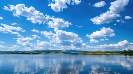 Fototapeta premium View of the lake against a backdrop of a blue sky and white clouds