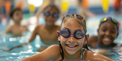 A group of children smiling and having fun in the pool, wearing swimming goggles and swimsuits, enjoying their summer vacation at an indoor or outdoor swim school