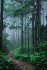 Fototapeta premium A dense forest with towering trees, a narrow path winding through the woods. Mist rising from behind the trees, creating an ethereal atmosphere. The green leaves of various 