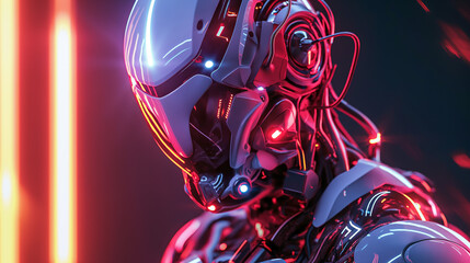 A futuristic robot with glowing red eyes and wires, standing in front of a red neon light.