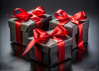 Fototapeta premium Three Elegant Black Gift Boxes With Red Ribbon On Dark Background.
