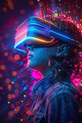 Obraz premium Kid in Virtual Reality World with Neon Lights