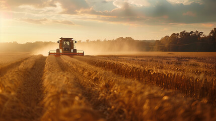 Fototapeta premium A combine harvester working in a field against a background of wheat and a beautiful landscape