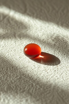 Simple image of a drop of blood on a white surface, with soft shadows,