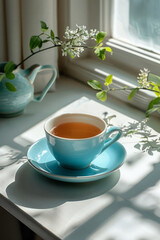 Simple image of a cyan-colored tea cup on a minimalist white table,