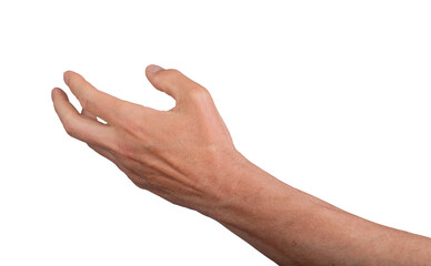 Hand open stretching reach outstretched isolated gesture. Empty out give hold white show. Side something product finger wrist arm closeup. Space blank right keep communication, transparent cutout PNG