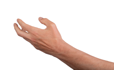 Hand open stretching reach outstretched isolated gesture. Empty out give hold white show. Side something product finger wrist arm closeup. Space blank right keep communication, transparent cutout PNG