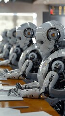 Fototapeta premium Row of robots working at their desks in a futuristic office