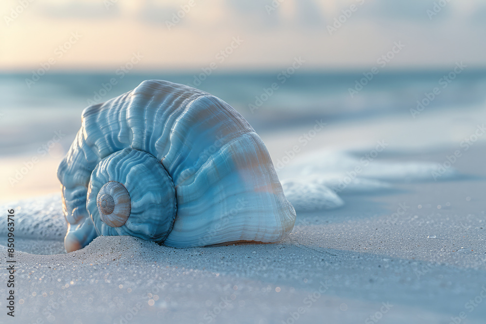 Aufkleber simple image of a cyan shell resting on a light grey sandy beach,