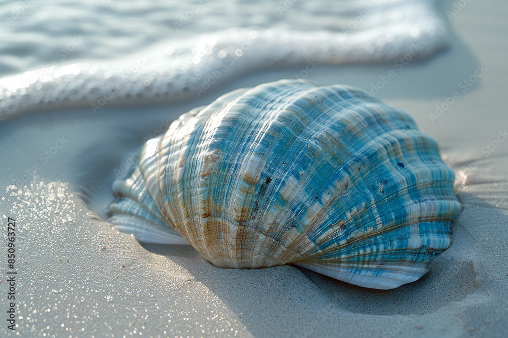 Aufkleber simple image of a cyan shell resting on a light grey sandy beach,
