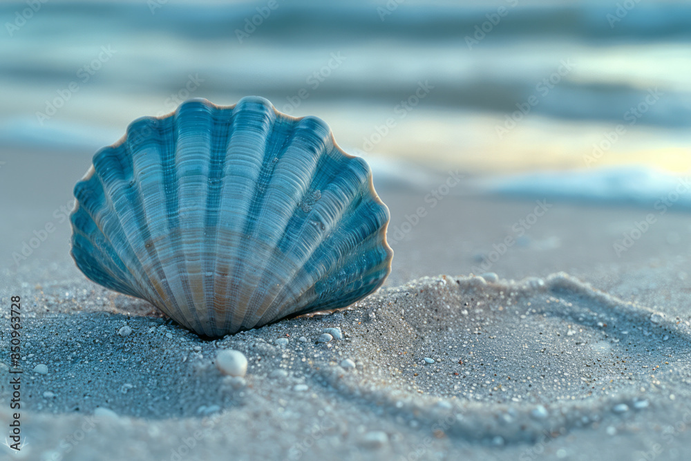 Aufkleber simple image of a cyan shell resting on a light grey sandy beach,