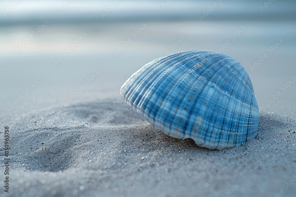 Aufkleber simple image of a cyan shell resting on a light grey sandy beach,