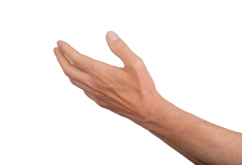 Hand palm open stretching reach outstretched. Empty out give hold white gesture isolated. Show side something product finger wrist background. Male body person people human, transparent cutout PNG