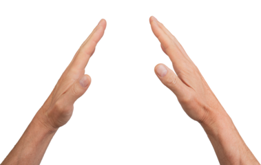 Hands gesturing with open palms, fingers human and isolated. White pair reaching, two touching in connection, symmetry and expression. Communication background with sign and, transparent cutout PNG