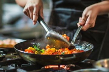 Gourmet Dish Preparation by Chef, Close-Up of Hands Crafting Culinary Delicacies in Busy Kitchen