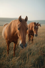 Naklejka premium Minimalist depiction of Romani horses grazing in a serene, open field,