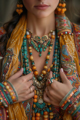 Fototapeta premium Elegant photo of a Romani dancer's hands adorned with traditional jewelry, set against a plain backdrop
