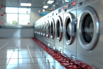 A view of multiple washing machines lined up in a public laundry facility, suitable for use in articles about household appliances or consumer goods