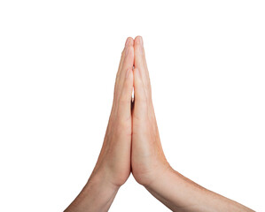 Hands in prayer gesture, palms together. Worship religion peace fingers spirituality faith namaste. Meditation devotion serenity holistic white relaxation showing background, transparent cutout PNG