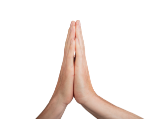 Hands in prayer gesture, palms together. Worship religion peace fingers spirituality faith namaste. Meditation devotion serenity holistic white relaxation showing background, transparent cutout PNG