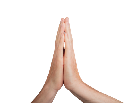 Hands in prayer gesture, palms together. Worship religion peace fingers spirituality faith namaste. Meditation devotion serenity holistic white relaxation showing background, transparent cutout PNG