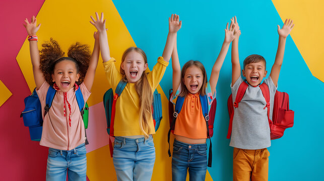 children with school backpacks happily raising their hands in the air and shouting against a brightly coloured wall, the concept of education, childhood and co-education
