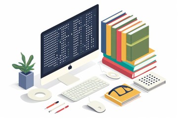 A visually impactful illustration showcasing the integration of technology and accessibility through a stack of braille books placed next to a computer.