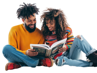 PNG Happy 2 friends looking at photo album reading adult togetherness.