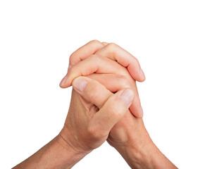 Hands intertwined in prayer, unity and gesture of faith. Close up, isolated fingers entwined, white background, together in worship. Spirituality, devotion, harmony, belief,, transparent cutout PNG