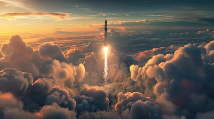 A SpaceX rocket is seen launching into the sky above a layer of clouds, showcasing a powerful and dynamic moment in space exploration