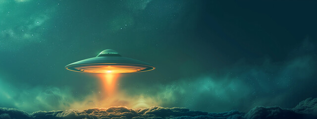Poster dedicated to the day of nlo, flying saucer on the background of the dark sky concept of science fiction and space exploration