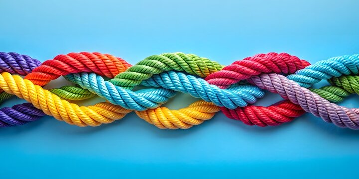 Unity And Teamwork Concept. 3D Illustration Of Ropes Of Different Colors Intertwined On A Blue Background.