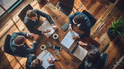 A group of young and successful entrepreneurs are sitting at a table in the office and signing an agreement. A group of young entrepreneurs discussing their work.