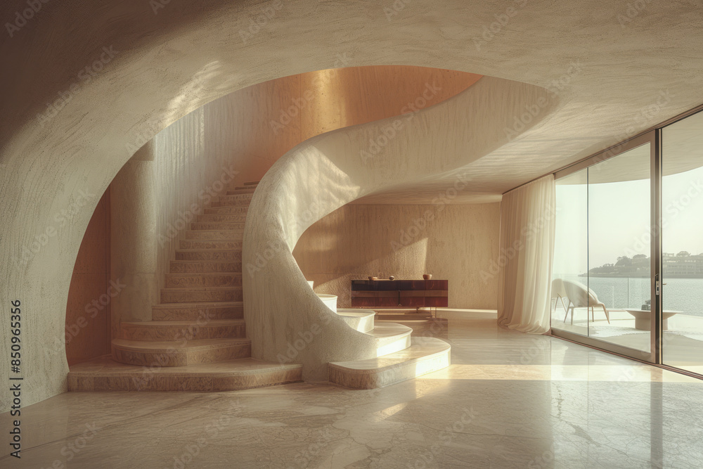 Aufkleber minimalist shot of a modern, curved mirror reflecting a distorted image in a minimalist home,