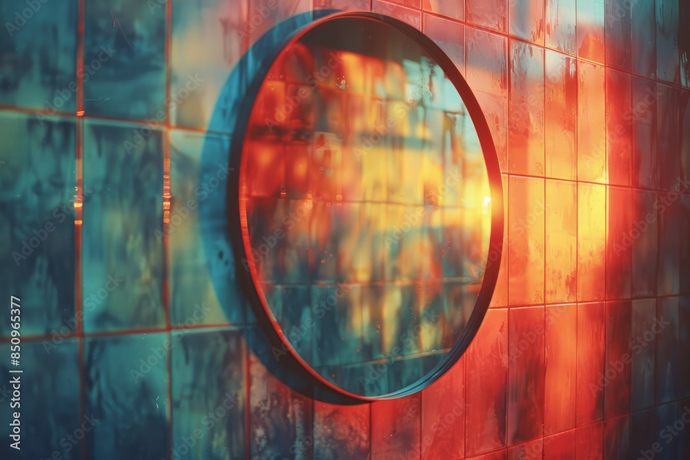 Poster simple image of a warped mirror reflecting an abstract, colorful scene,