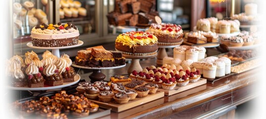 Fototapeta premium Cozy Café Gluten-Free Dessert Display with Cakes, Cookies, Pastries - Perfect for Bakery Posters