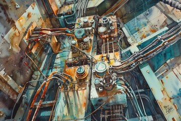 A watercolor painting of a machine in a industrial setting, suitable for use as a background or concept illustration