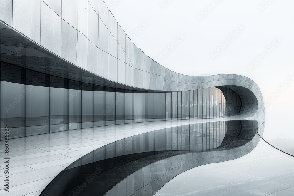 Poster Minimalist image of a curved mirror reflecting a modern architectural design,