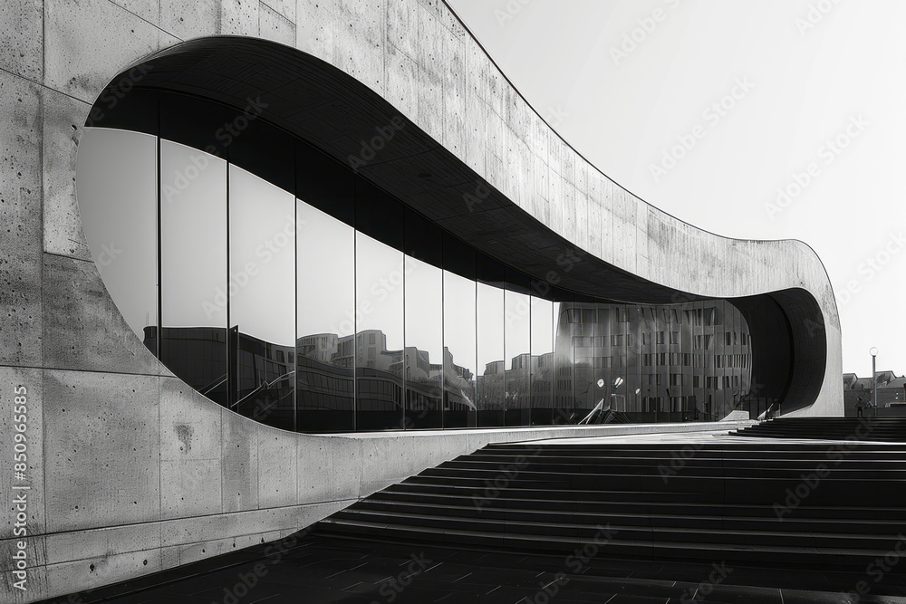 Aufkleber minimalist image of a curved mirror reflecting a modern architectural design,