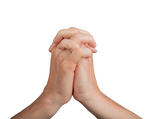 Hands intertwined, fingers clasped in prayer unity gesture. Entwined close up, white background. Together worship faith spirituality devotion. Harmony belief meditation peace, transparent cutout PNG